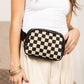 Alva Mixed Media Vegan Leather & Canvas Check Sling Crossbody Belt Bag with Mesh Pockets | Black, Cognac