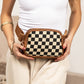 Alva Mixed Media Vegan Leather & Canvas Check Sling Crossbody Belt Bag with Mesh Pockets | Black, Cognac