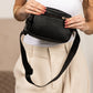 Alva Mixed Media Vegan Leather & Canvas Check Sling Crossbody Belt Bag with Mesh Pockets | Black, Cognac
