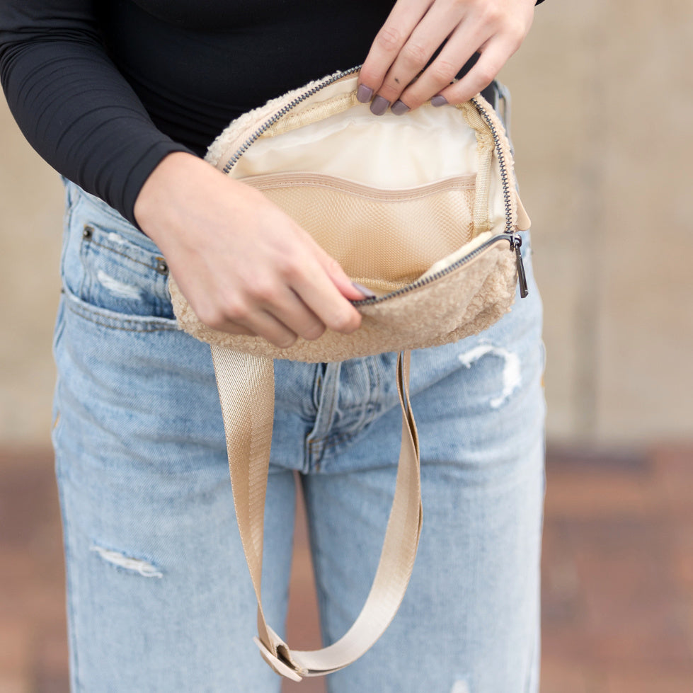 Lola Boucle Sherpa & Nylon Sling Crossbody Fanny Bag