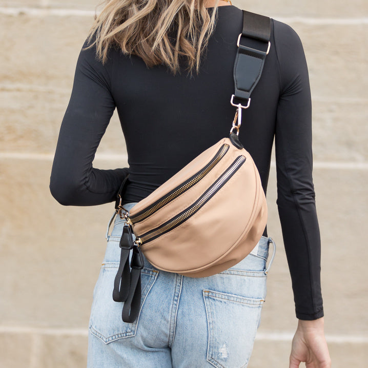 Gia Easy-Wipe Nylon & Vegan Leather Double Zip Crescent Sling Bag