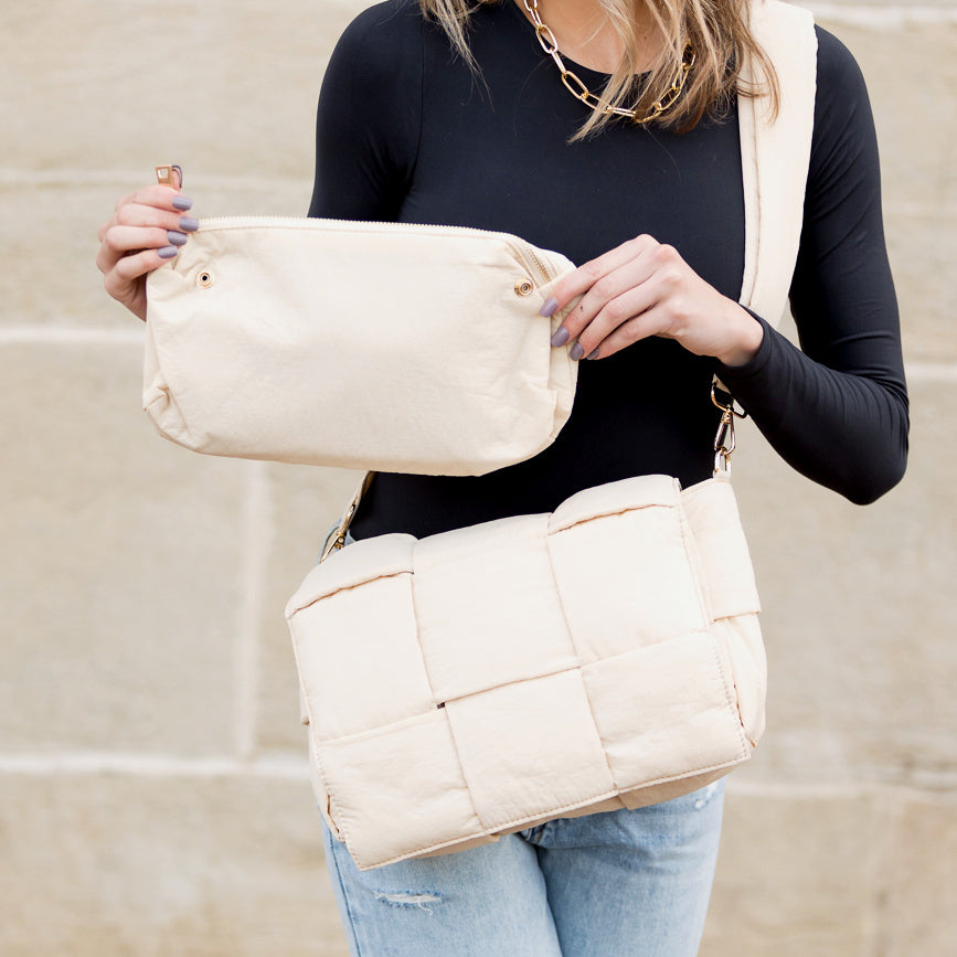 Romy 100% Nylon Cross-Weave Puffer Fold-Over Crossbody Clutch Bag
