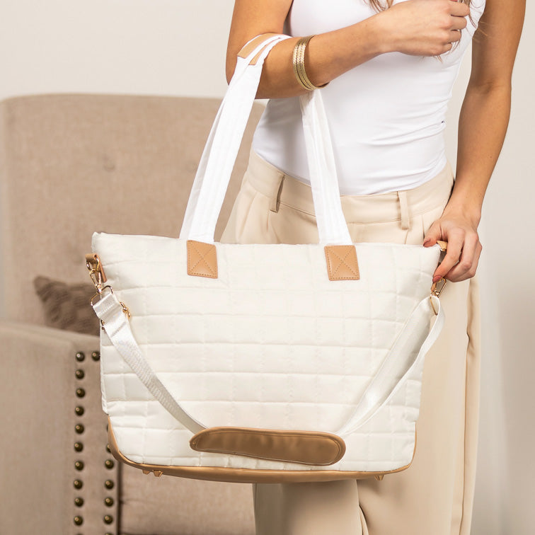 Mila Quilted Easy-Care Nylon Traveler Tote with Padded Laptop Sleeve & Mini Clutch