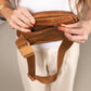 Alva Mixed Media Vegan Leather & Canvas Check Sling Crossbody Belt Bag with Mesh Pockets | Black, Cognac