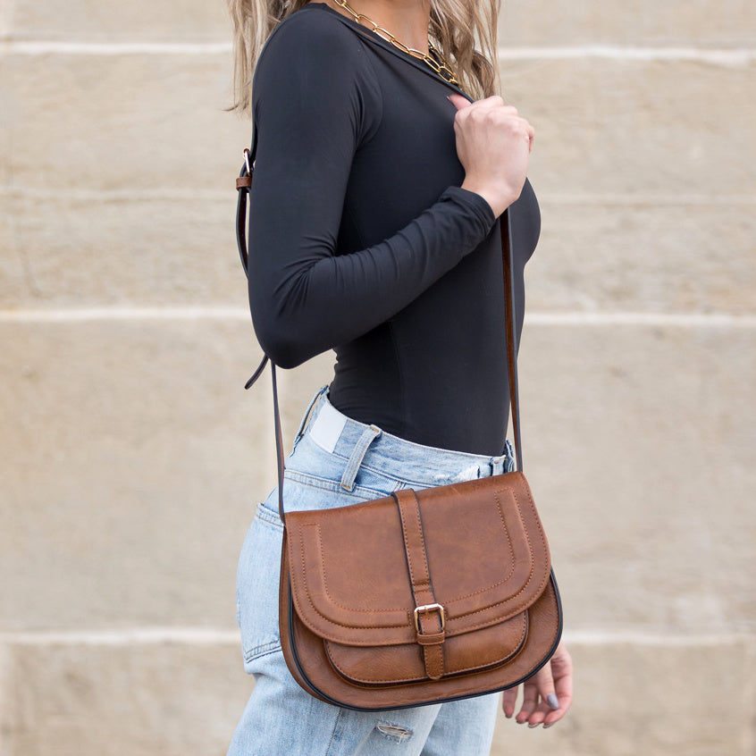 Blair Vegan Leather Buckle Accent Fold-Over Structured Crossbody Bag