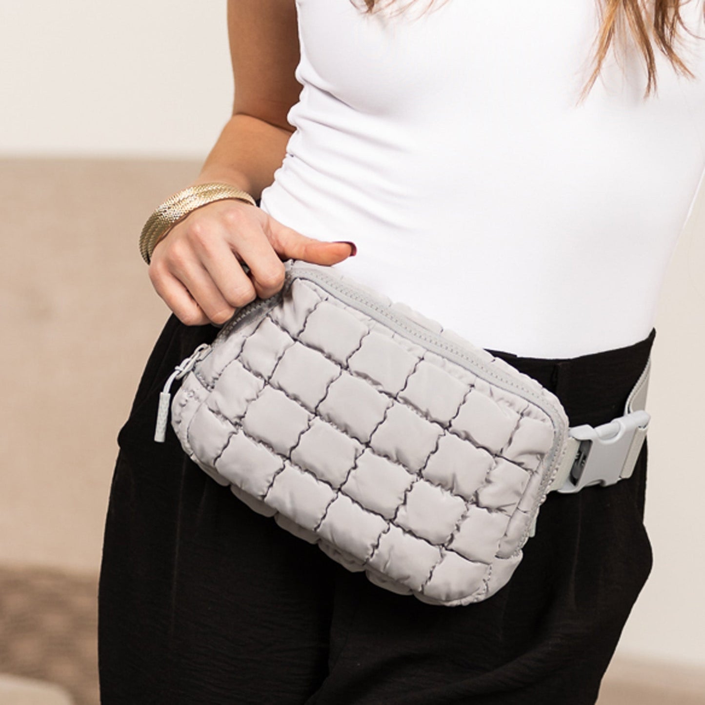 Evyn Quilted Puffer Nylon Sling Crossbody Belt Bag with Mesh Pockets & Adjustable Strap