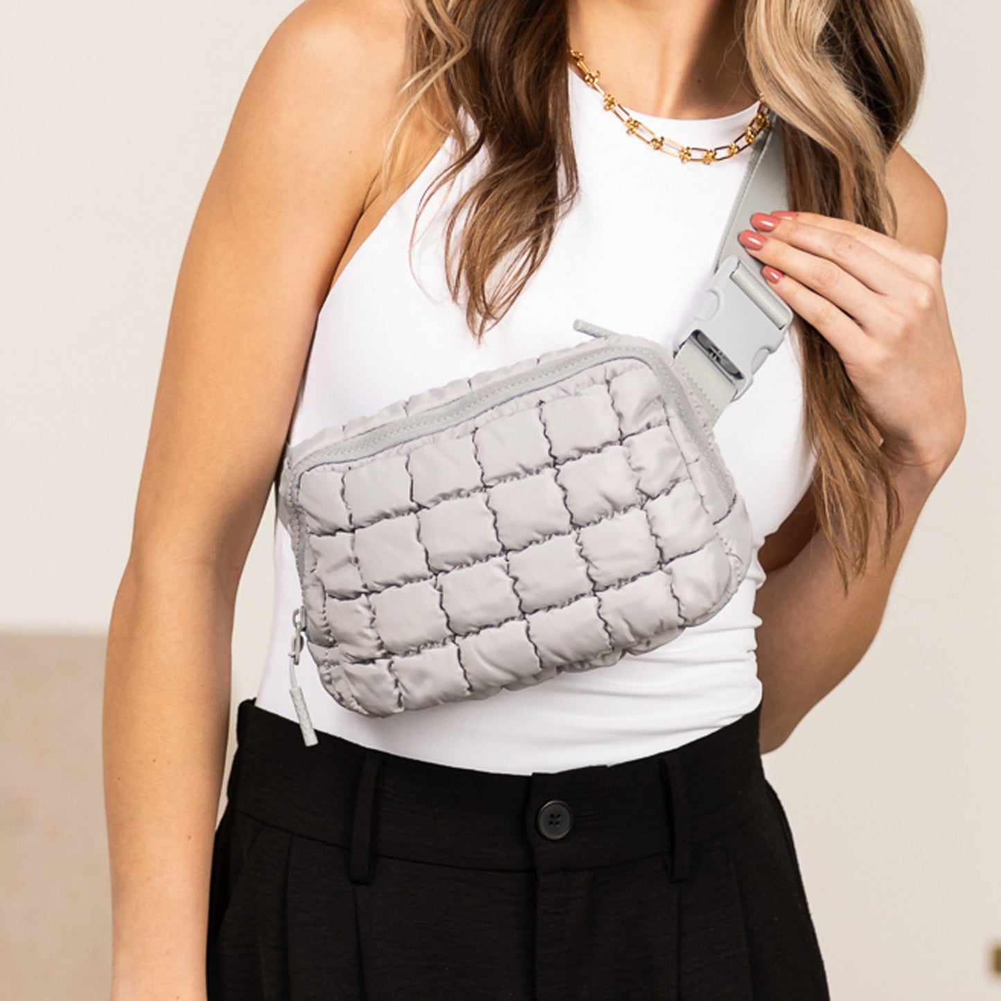 Evyn Quilted Puffer Nylon Sling Crossbody Belt Bag with Mesh Pockets & Adjustable Strap