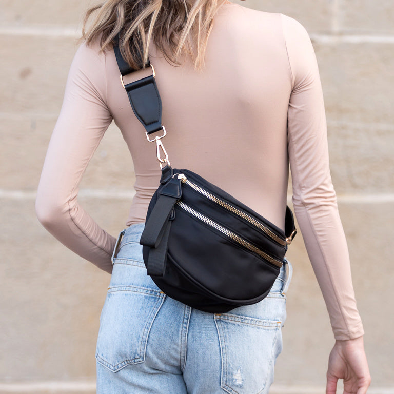 Gia Easy-Wipe Nylon & Vegan Leather Double Zip Crescent Sling Bag