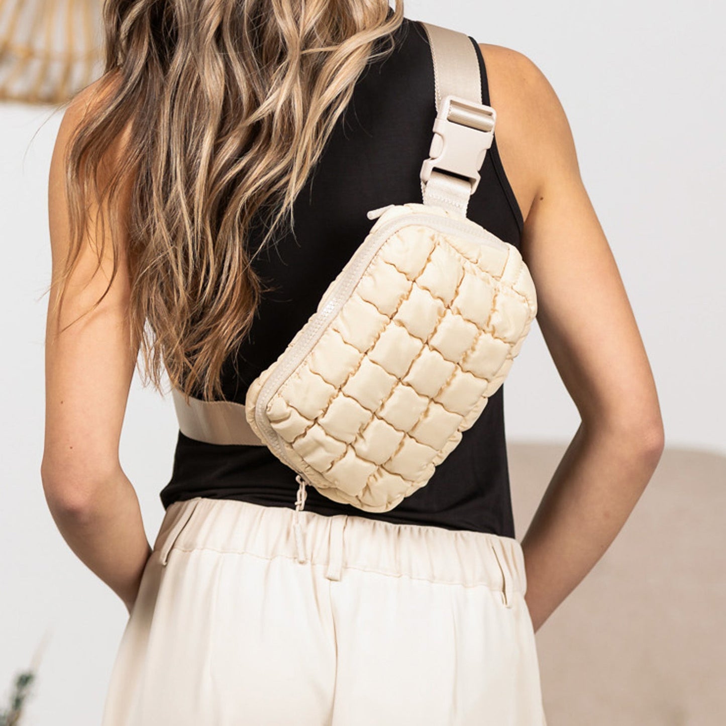 Evyn Quilted Puffer Nylon Sling Crossbody Belt Bag with Mesh Pockets & Adjustable Strap