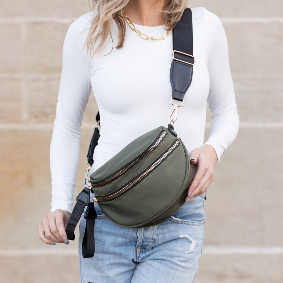 Gia Easy-Wipe Nylon & Vegan Leather Double Zip Crescent Sling Bag