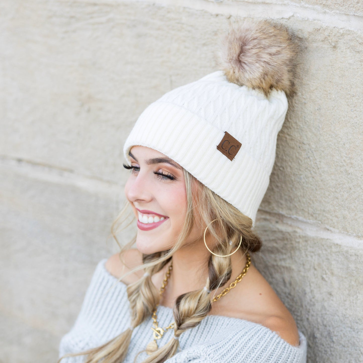 C.C® Honeycomb Knit Pom Beanie | 47% Rayon, 22% Nylon, 31% PBT | Teen–Adult