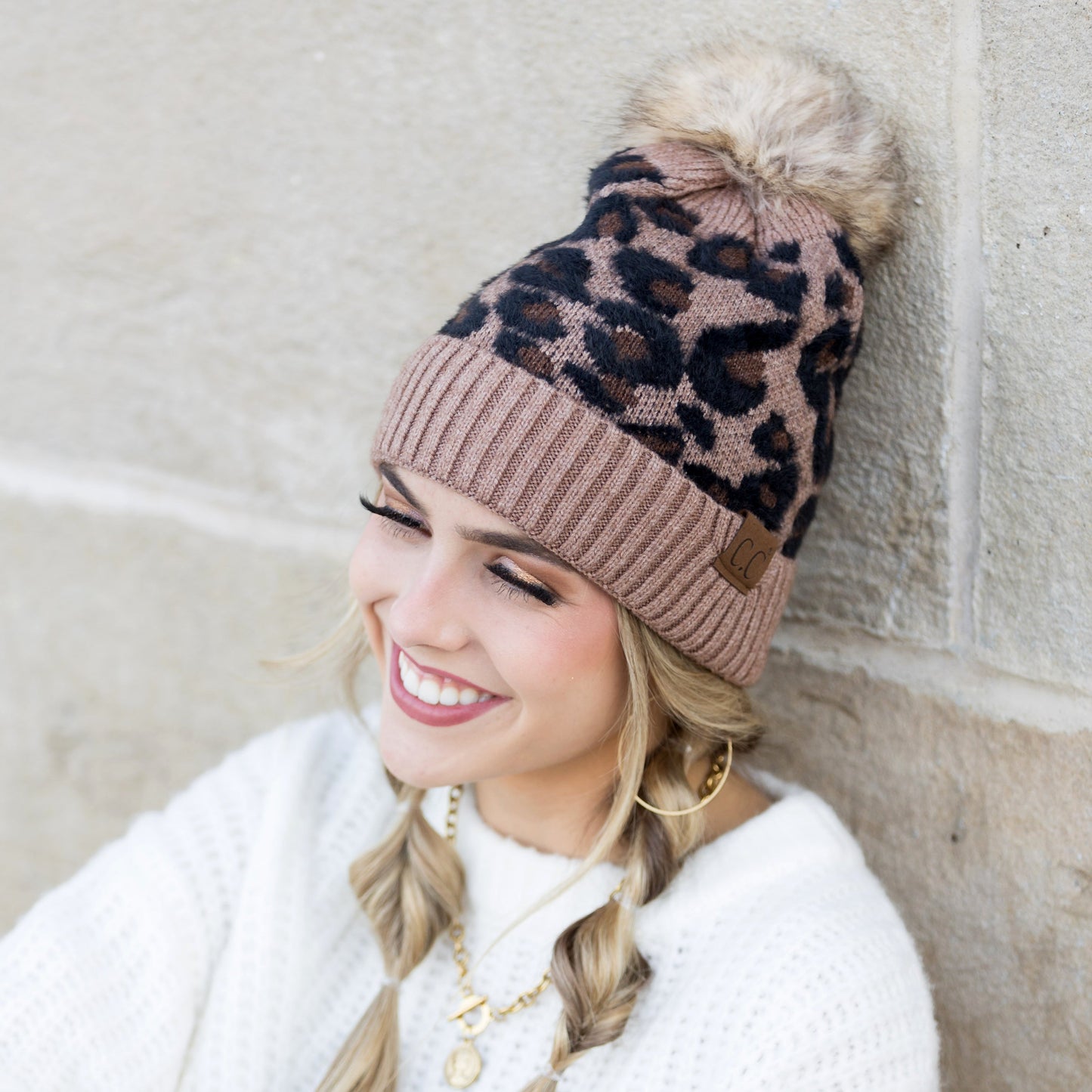 C.C® 100% Premium Acrylic Cashmere-Like Leopard Print Faux Fur Pom Beanie | One Size Teen–Adult