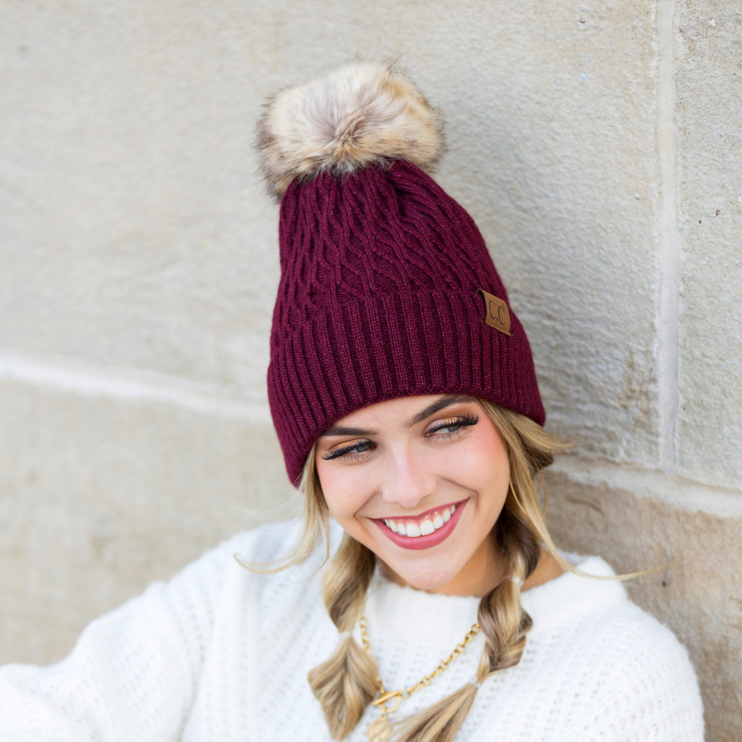 C.C® Honeycomb Knit Pom Beanie | 47% Rayon, 22% Nylon, 31% PBT | Teen–Adult