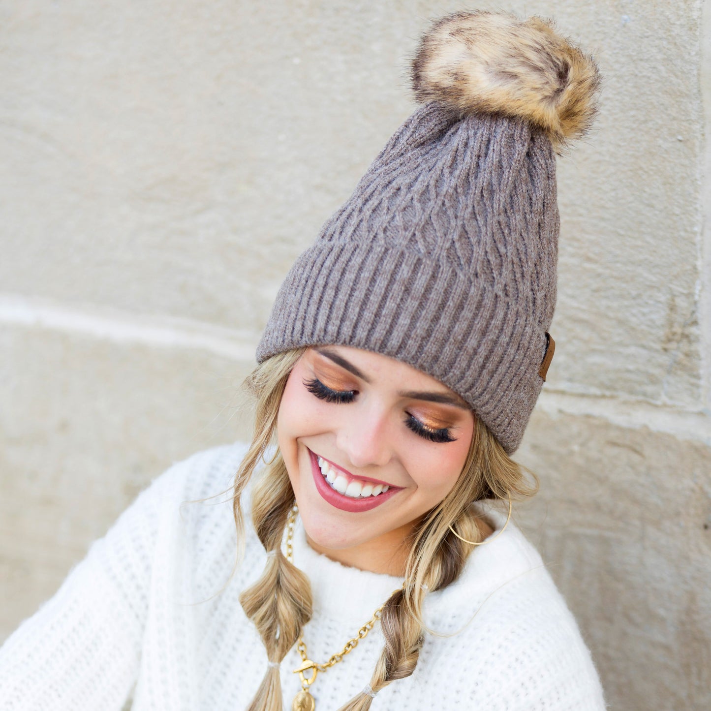 C.C® Honeycomb Knit Pom Beanie | 47% Rayon, 22% Nylon, 31% PBT | Teen–Adult