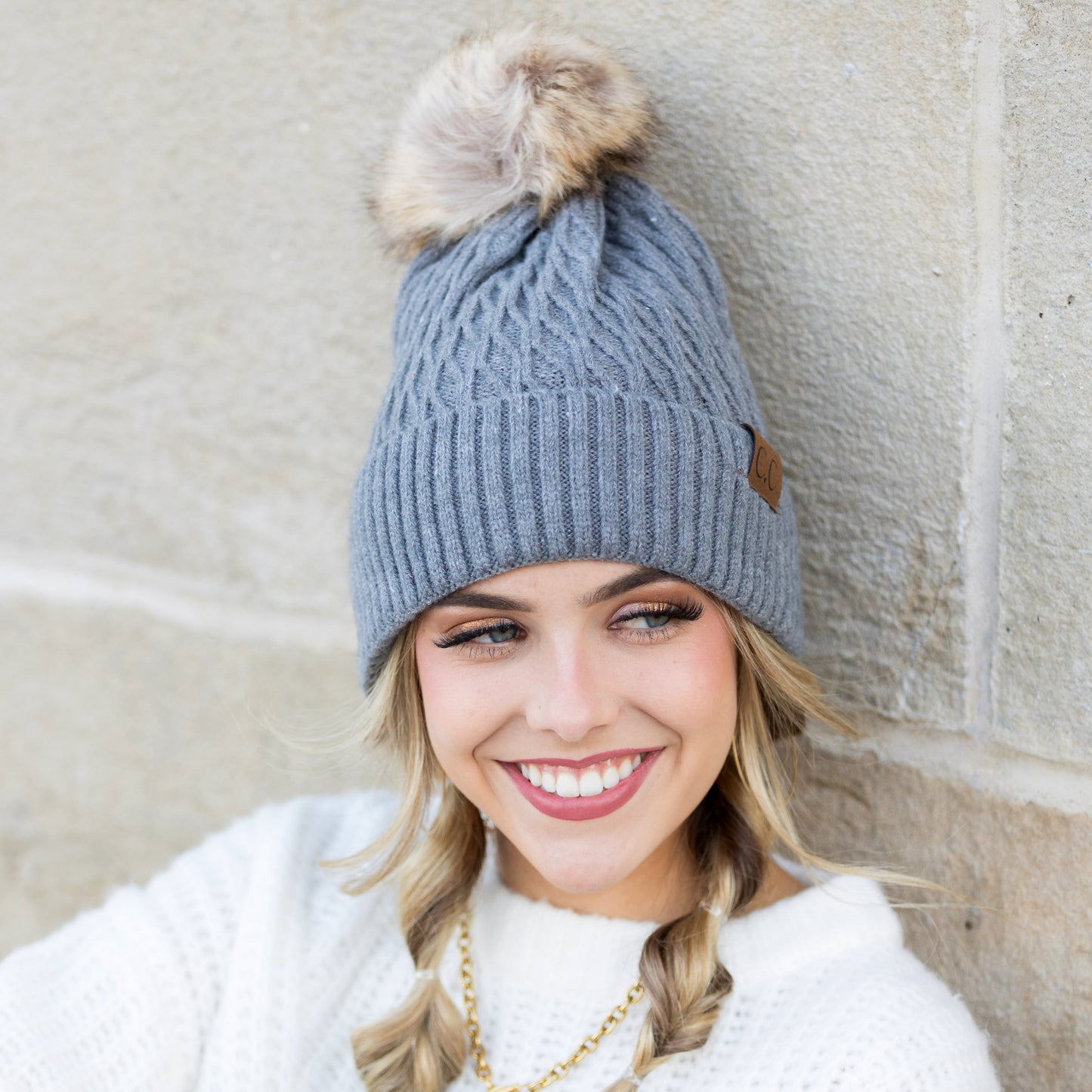 C.C® Honeycomb Knit Pom Beanie | 47% Rayon, 22% Nylon, 31% PBT | Teen–Adult