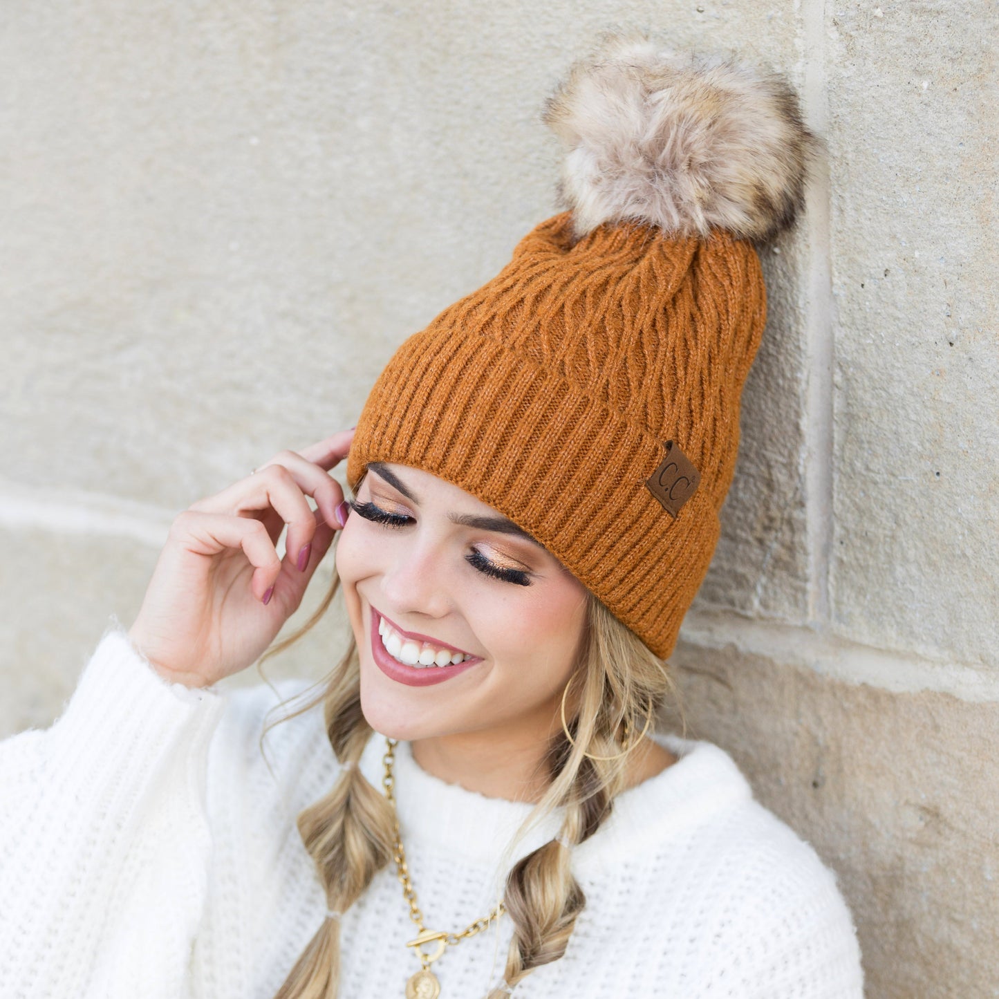 C.C® Honeycomb Knit Pom Beanie | 47% Rayon, 22% Nylon, 31% PBT | Teen–Adult