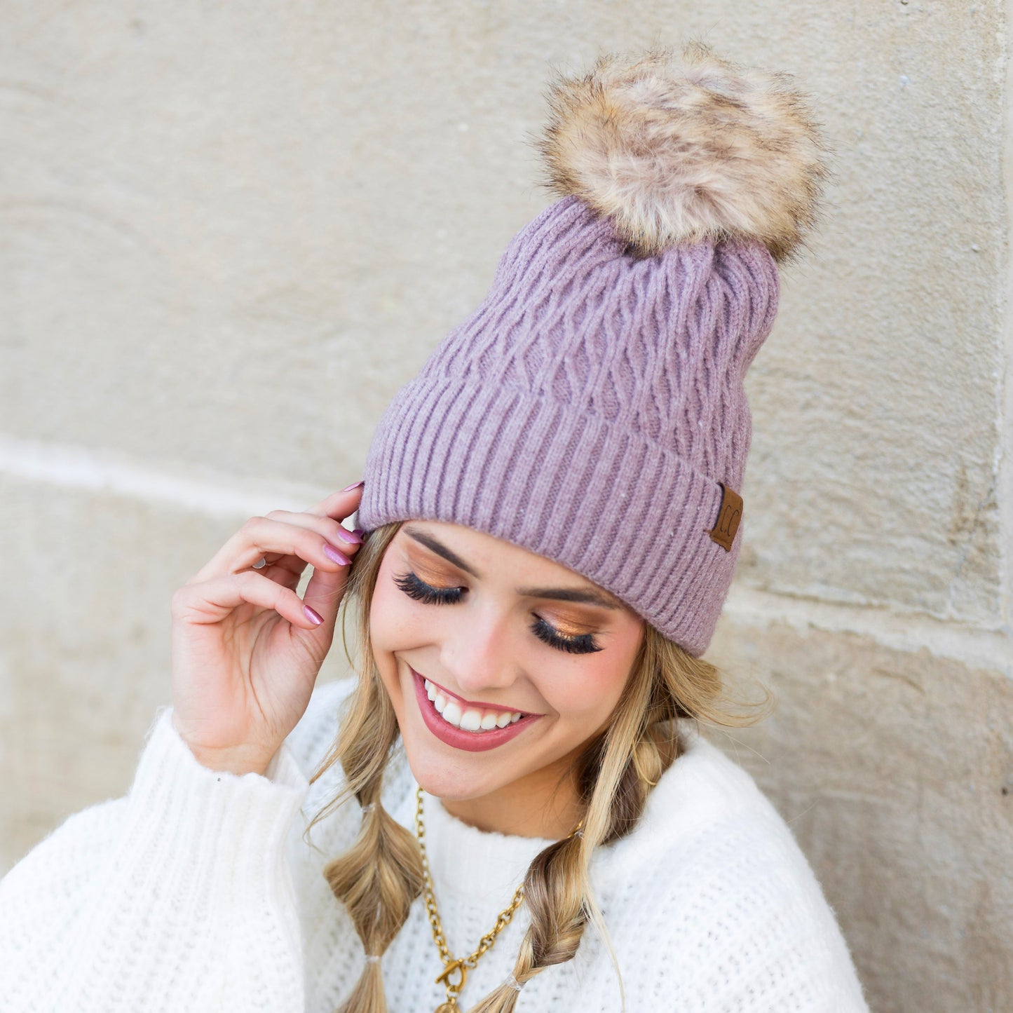 C.C® Honeycomb Knit Pom Beanie | 47% Rayon, 22% Nylon, 31% PBT | Teen–Adult