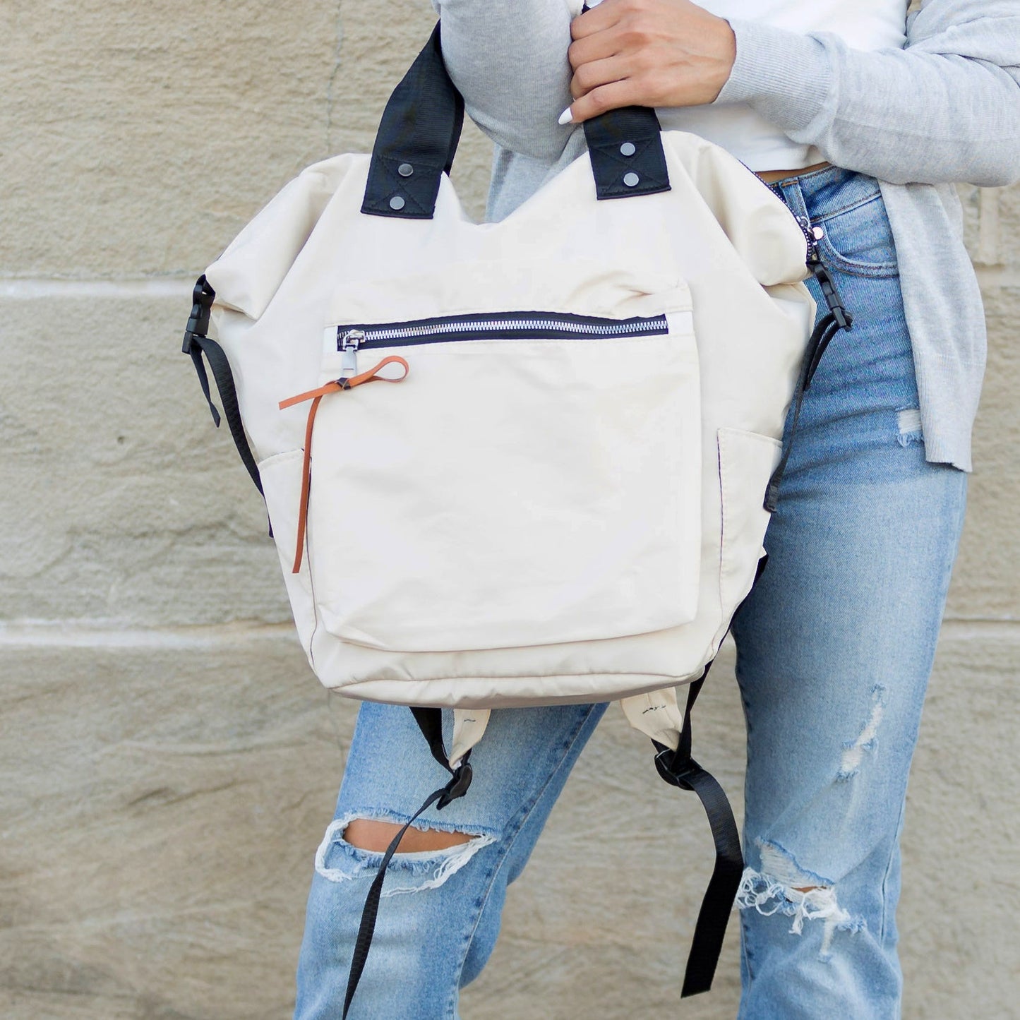 Easy Wipe Nylon Convertible Backpack Tote Bag with 7 Pockets | 18" x 17"