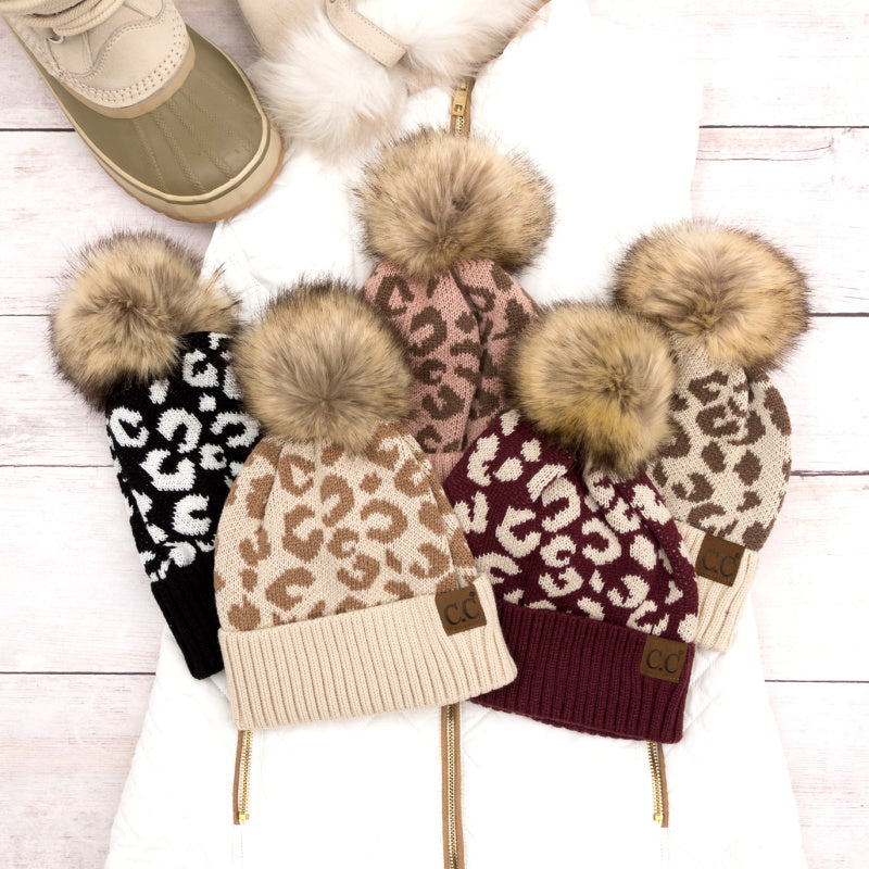 C.C® 100% Soft Acrylic Natural Leopard Faux Fur Pom Beanie | One Size