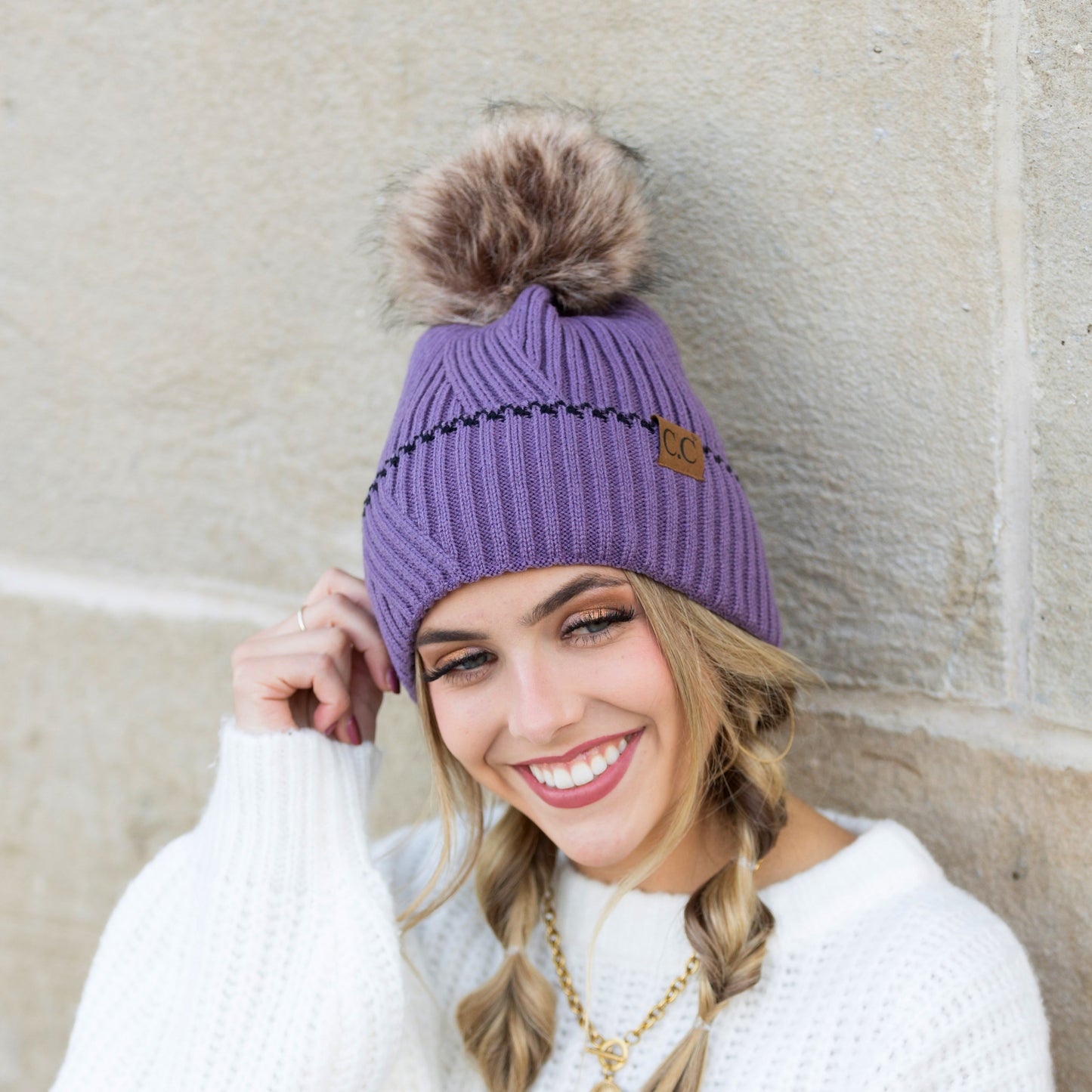 C.C® 100% Soft Acrylic Asymmetrical Weave Accent Cuff Faux Fur Pom Beanie | One Size