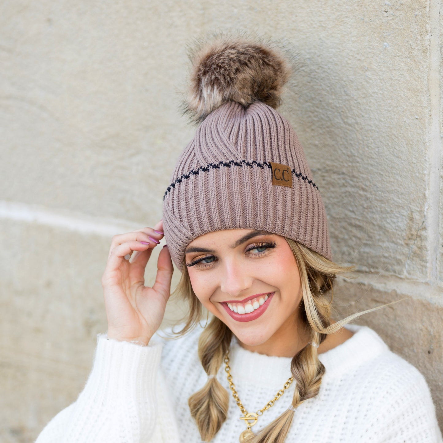 C.C® 100% Soft Acrylic Asymmetrical Weave Accent Cuff Faux Fur Pom Beanie | One Size