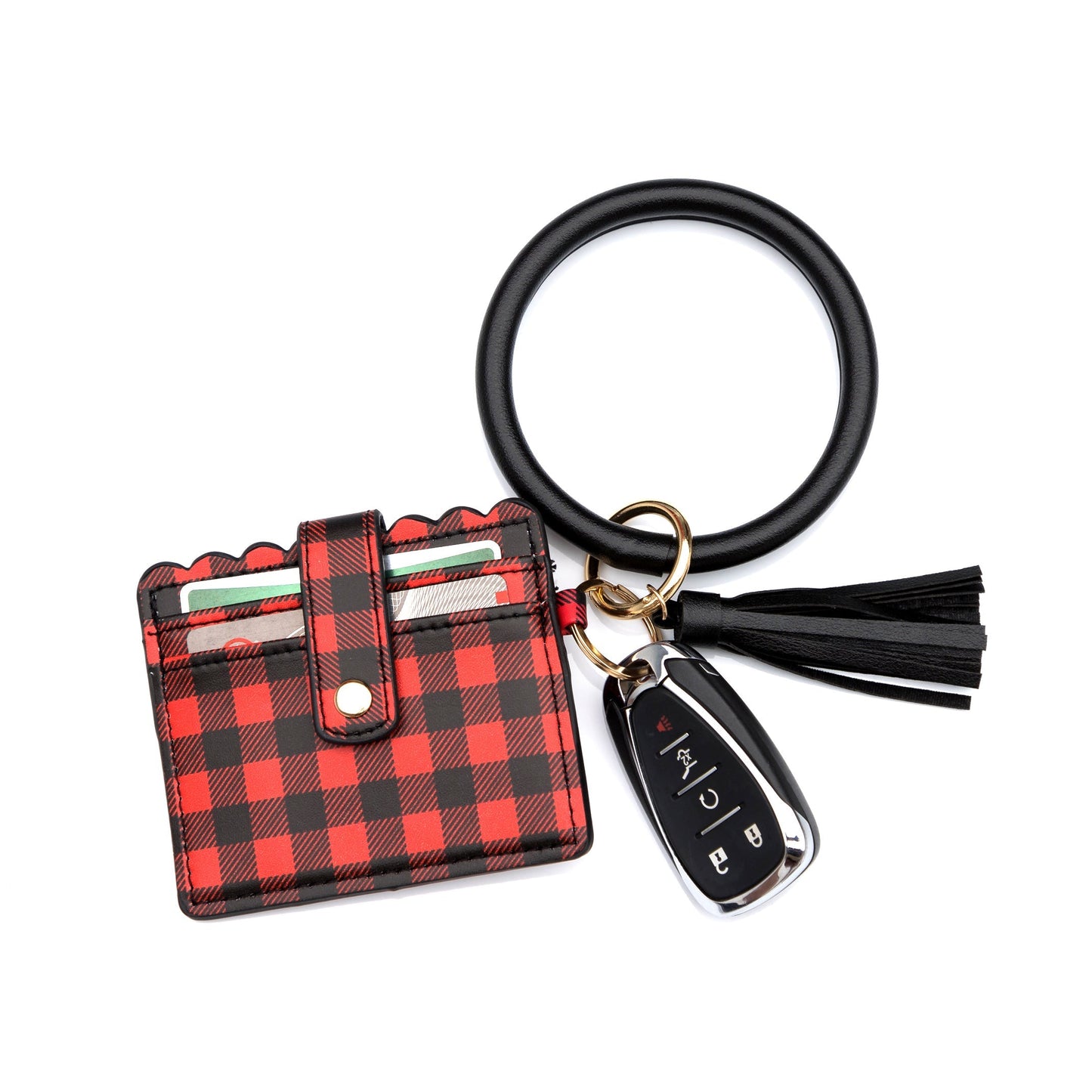 Buffalo Color Block Gold Hardware Key Ring ID Wallet Bracelet with Tassel | 4.5" x 4"