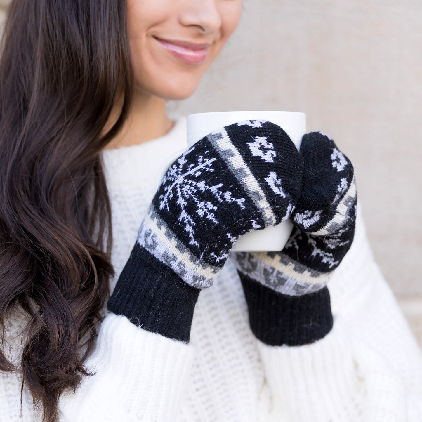 100% Soft Polyester Nordic Snowflake Mittens with Fuzzy Lining | One Size