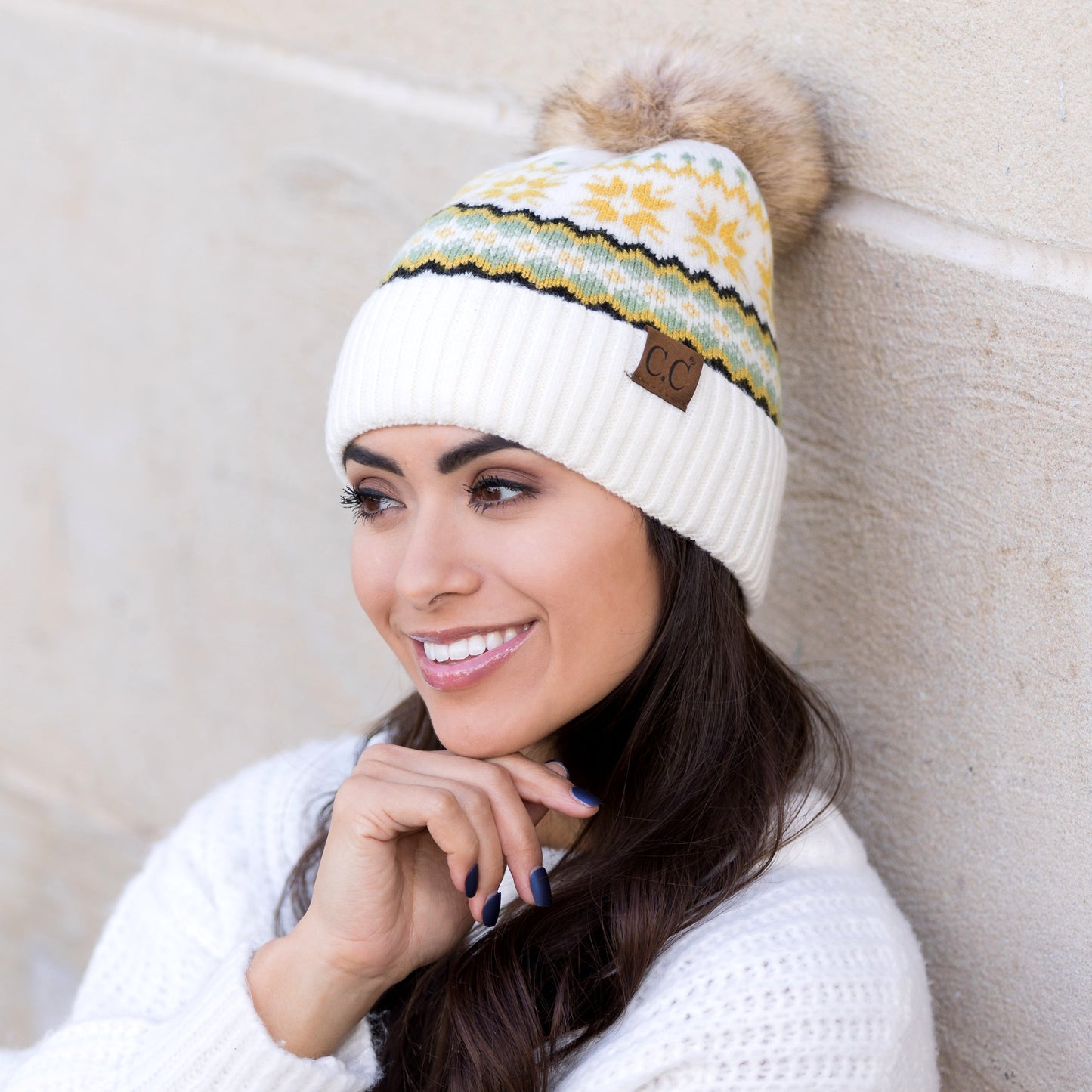C.C® Rayon Nylon Nordic Fair Isle Faux Fur Pom Beanie Hat | One Size