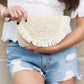100% Straw Exterior Cotton Linen Lined Frayed Edge Woven Fold-Over Boho Clutch