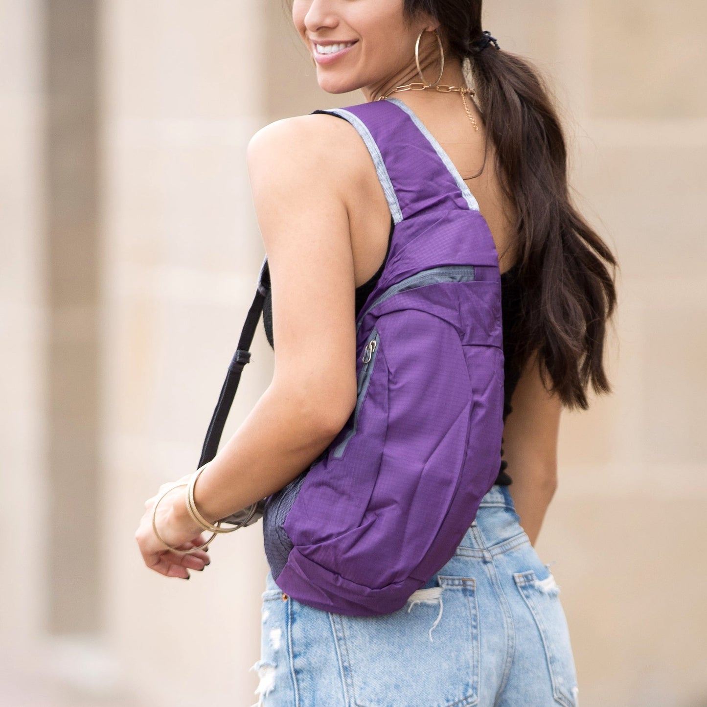 100% Polyester Nylon Packable Padded Strap Sling Bag with Storage Pouch | 8.5" x 3" x 17"