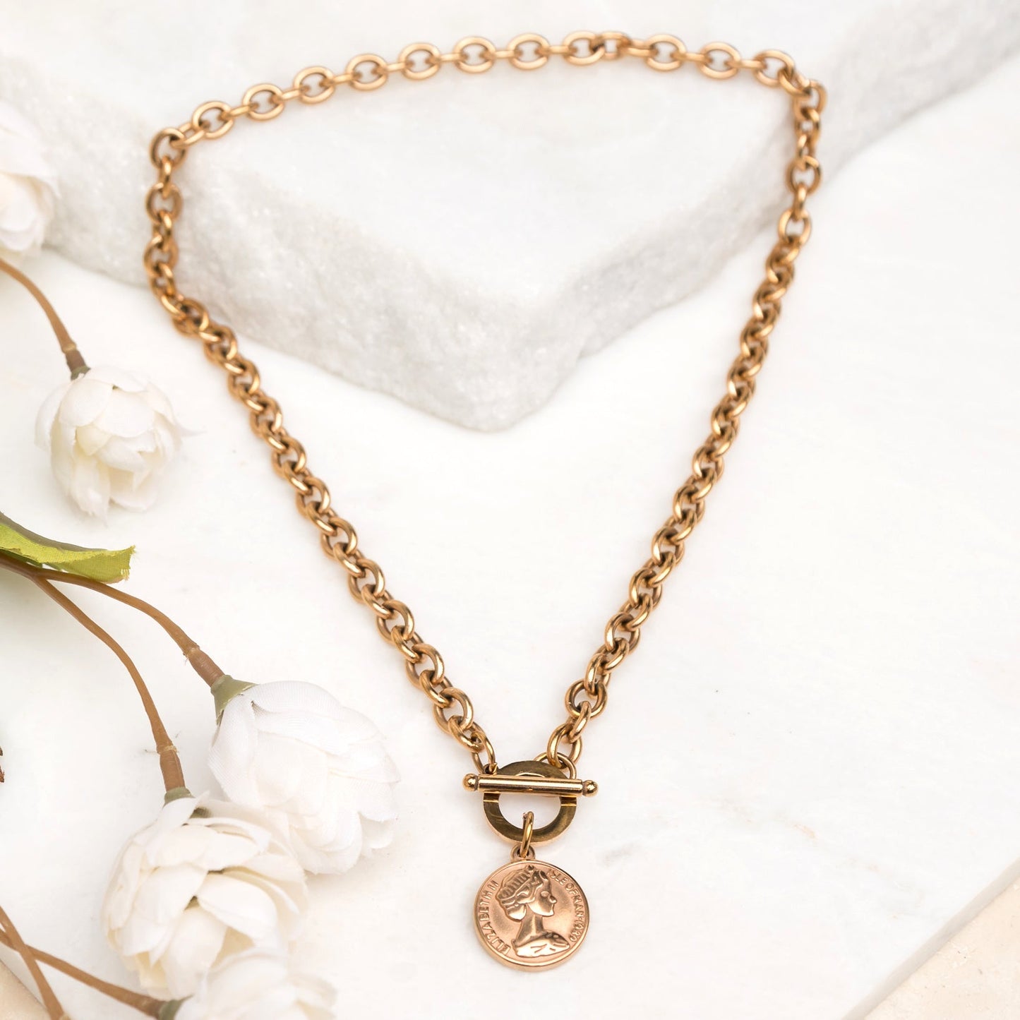 100% Stainless Steel Tarnish Free Coin Accent Chain Link Toggle Closure Necklace | 17.75"