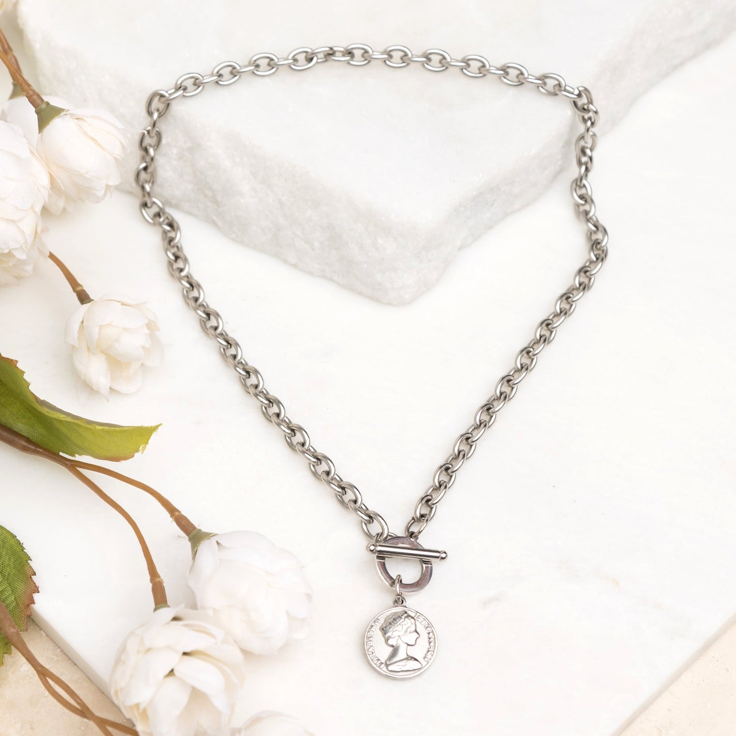 100% Stainless Steel Tarnish Free Coin Accent Chain Link Toggle Closure Necklace | 17.75"