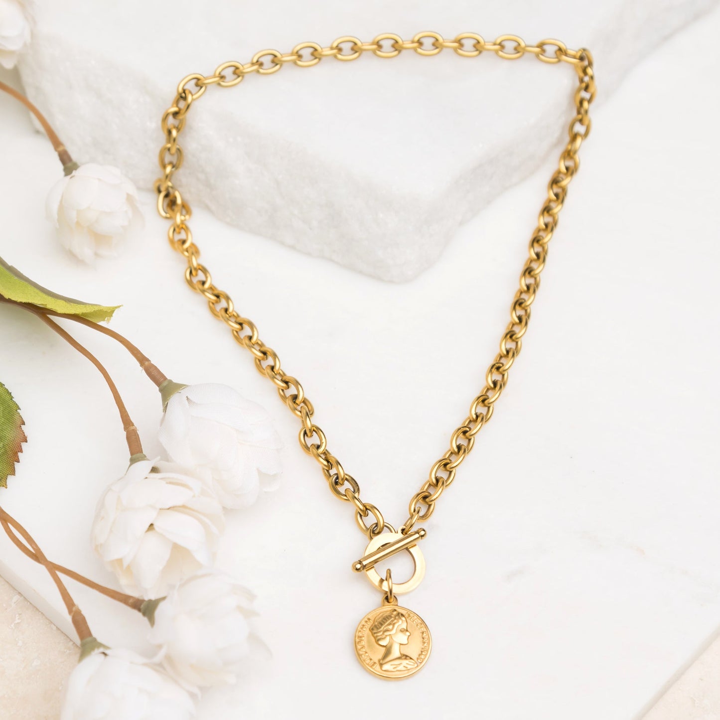 100% Stainless Steel Tarnish Free Coin Accent Chain Link Toggle Closure Necklace | 17.75"