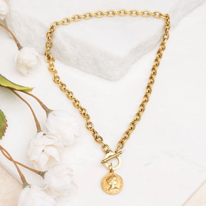 100% Stainless Steel Tarnish Free Coin Accent Chain Link Toggle Closure Necklace | 17.75"