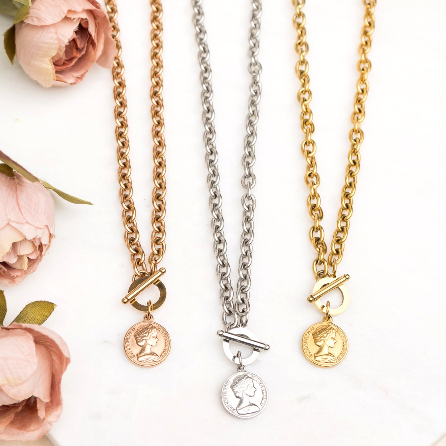 100% Stainless Steel Tarnish Free Coin Accent Chain Link Toggle Closure Necklace | 17.75"