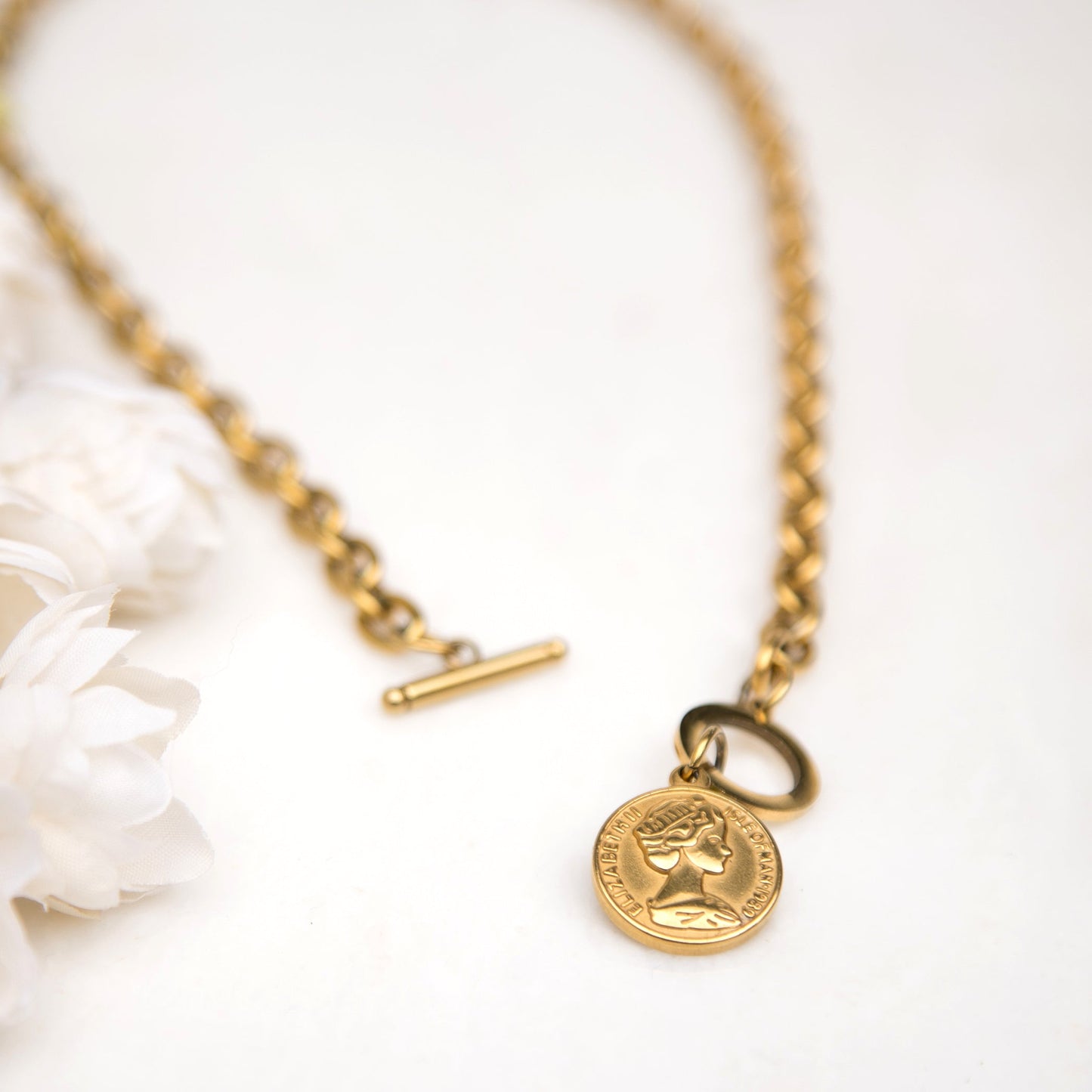 100% Stainless Steel Tarnish Free Coin Accent Chain Link Toggle Closure Necklace | 17.75"