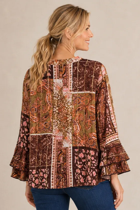 Pine Apparel Paisley Crepe Lurex Ruffle Sleeve Blouse | 100% Rayon | S-XL | Rust