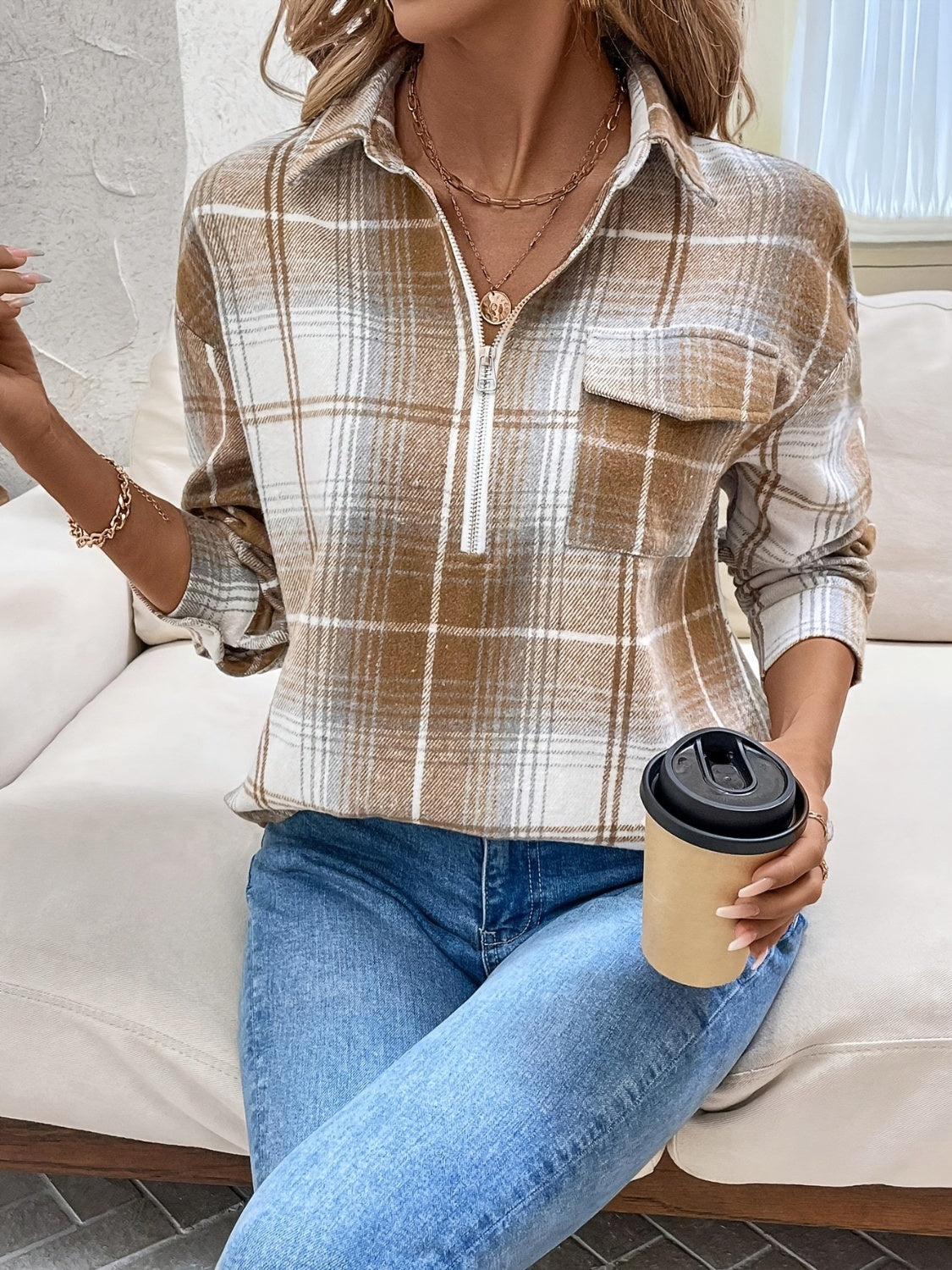 Blueberi B Women’s Plaid Collared Neck Half Zip Long Sleeve Top Polyester Size S-XL