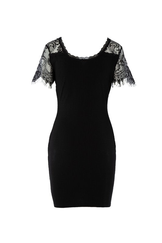 Solid Black Short Sleeve Lace trim dress