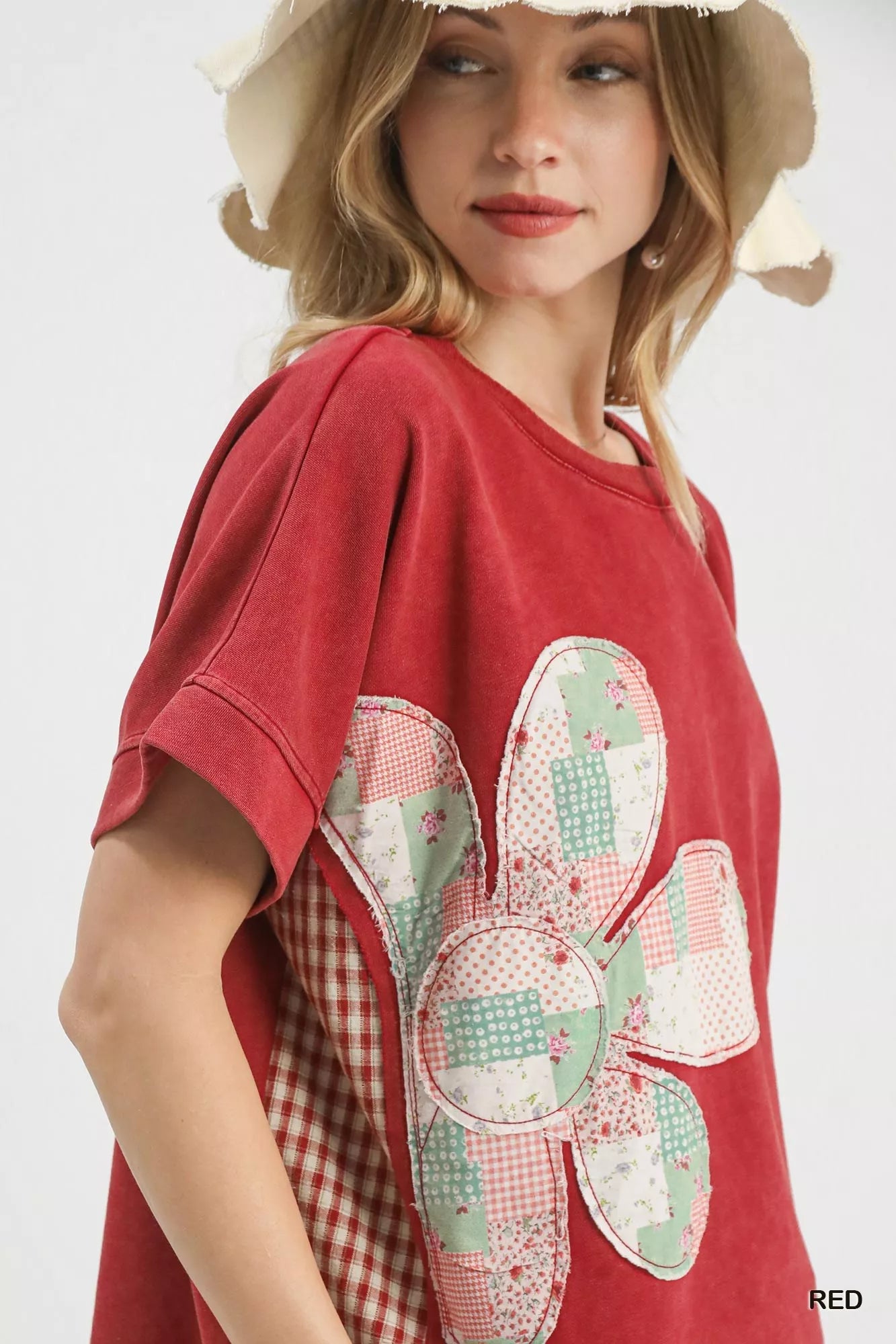 Close-up of red top's patchwork flower design