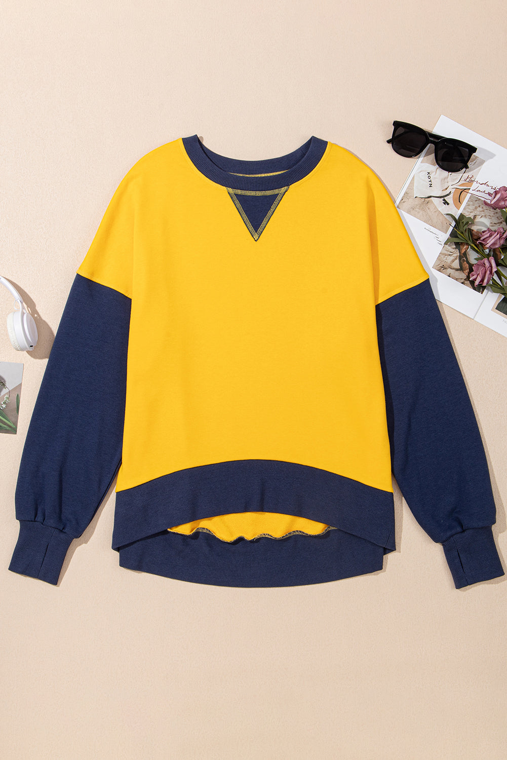 Blueberi B Women's Contrast Round Neck Long Sleeve Sweatshirt Polyester Cotton Size S-2XL