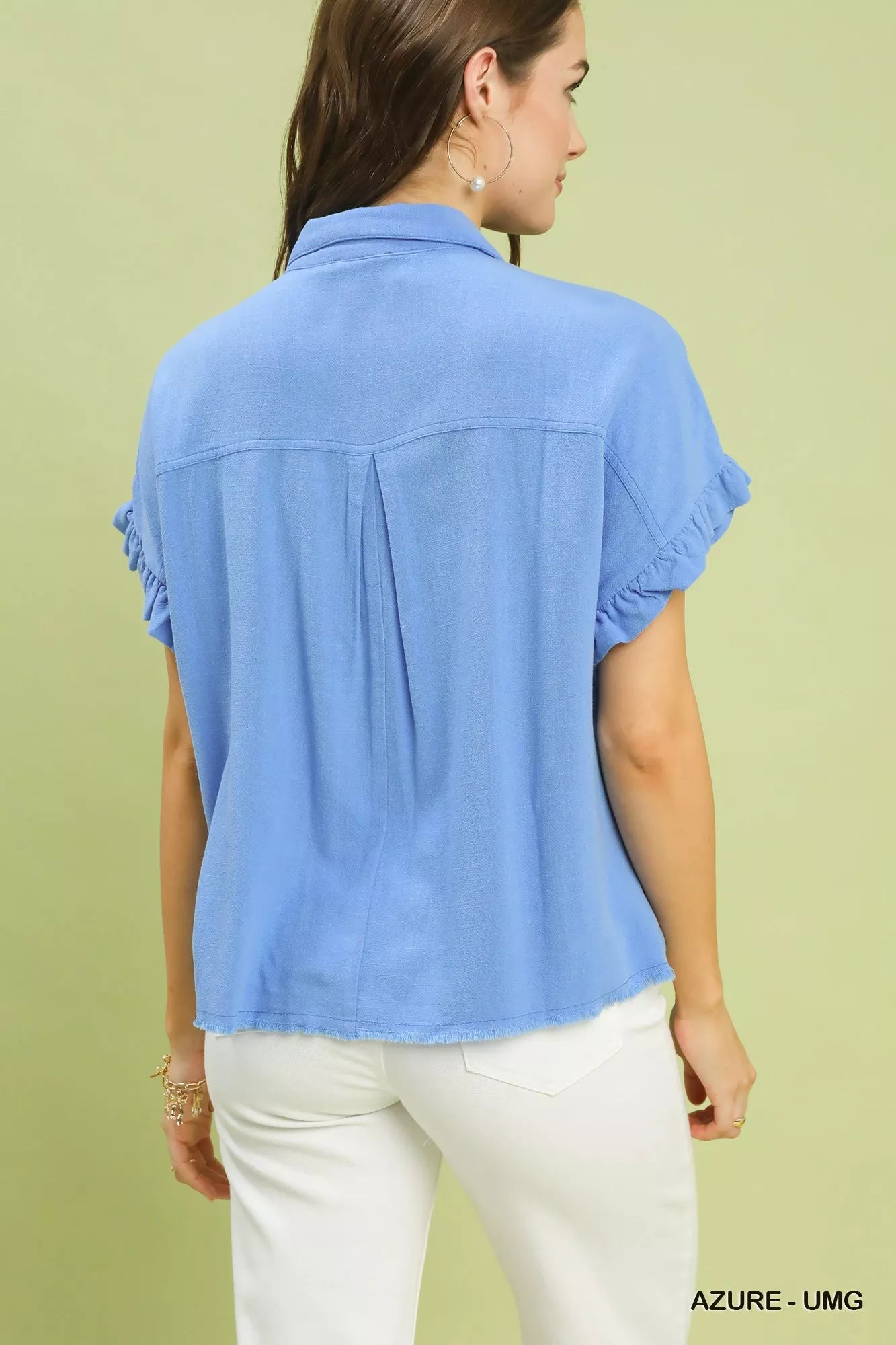 Umgee azure washed linen blend smocked shirt back view; Blueberi Boutique trendy top