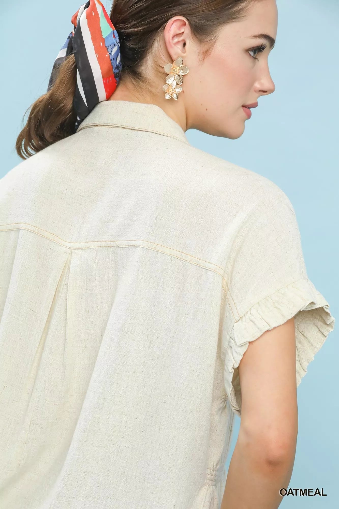Blueberi Boutique Umgee oatmeal washed linen blend smocked shirt with ruffled sleeve detail