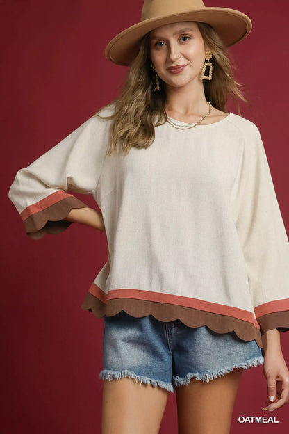 Blueberi Boutique Umgee oatmeal scalloped hem color block top with brown coral trim