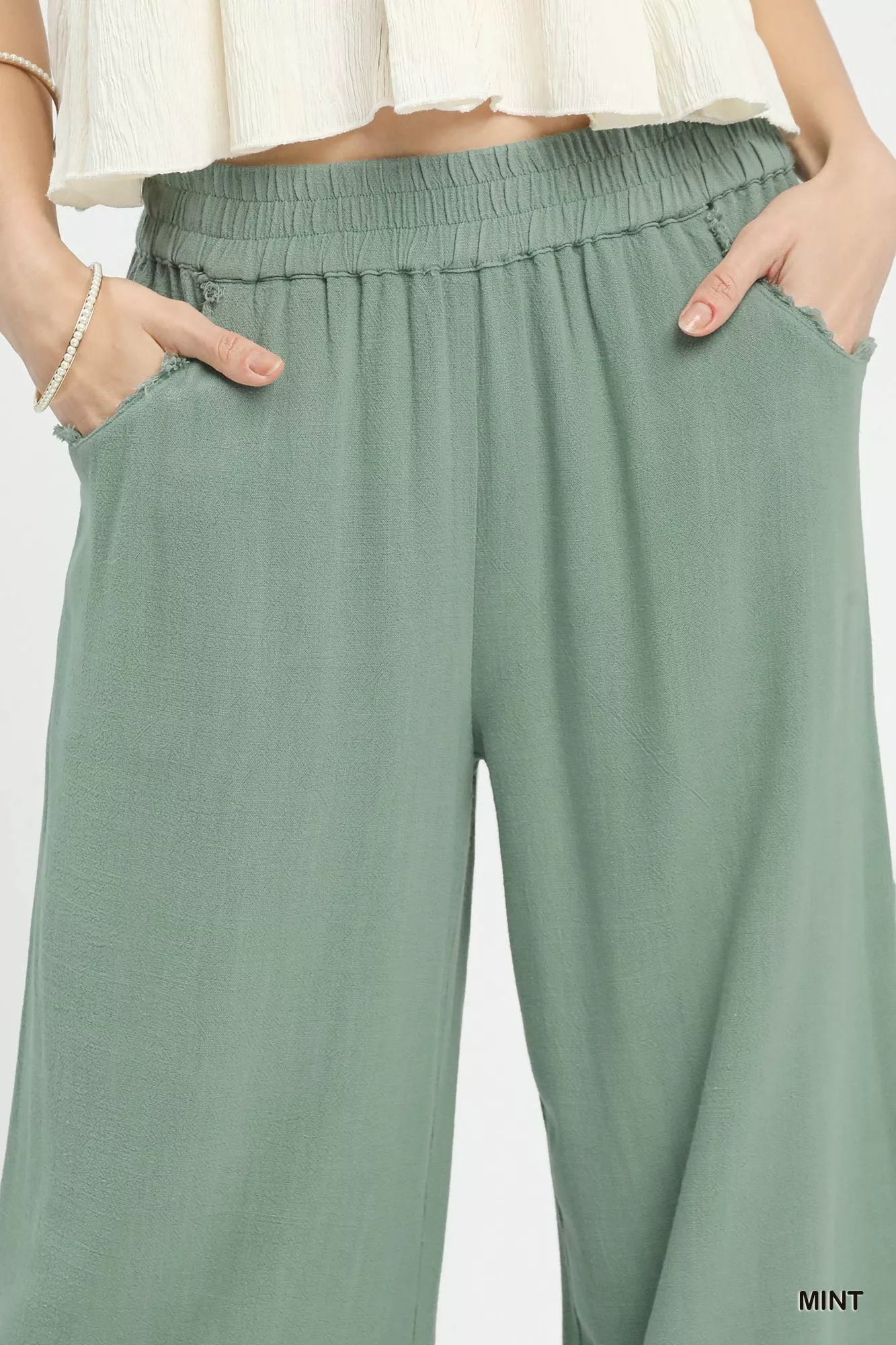 Blueberi Boutique: Mint linen wide-leg cropped pants with lace trim, close-up waist