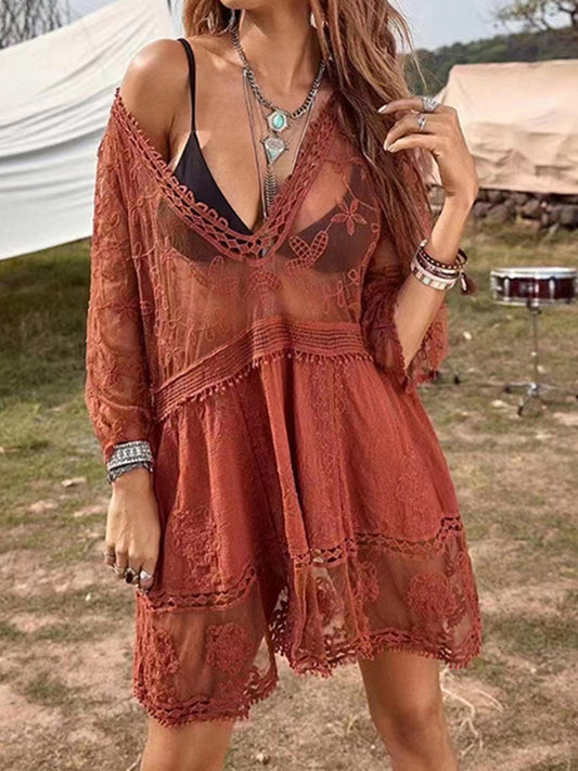 Blueberi B Women's Lace Detail Plunge Cover-Up Dress Rayon Polyester One Size
