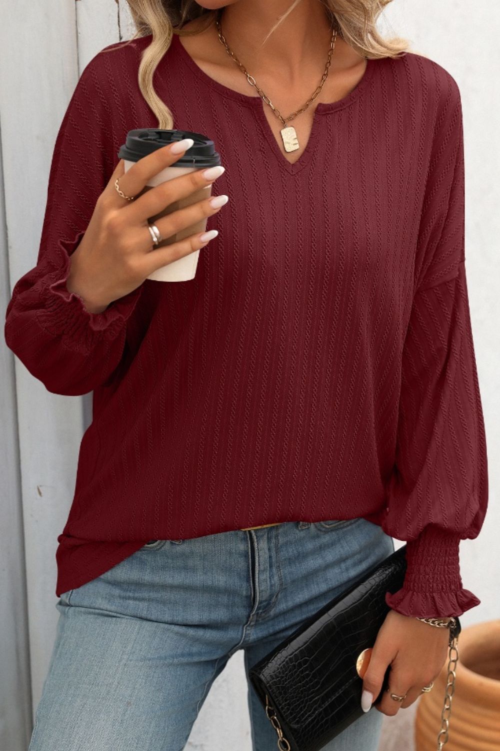 Blueberi B Women's Textured Notched Lantern Sleeve T-Shirt Polyester Spandex Size S-2XL