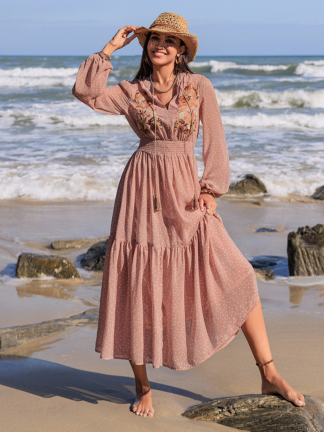 Blueberi B Women’s Embroidered Polka Dot Tie Neck Long Sleeve Midi Dress Polyester Size S-2XL