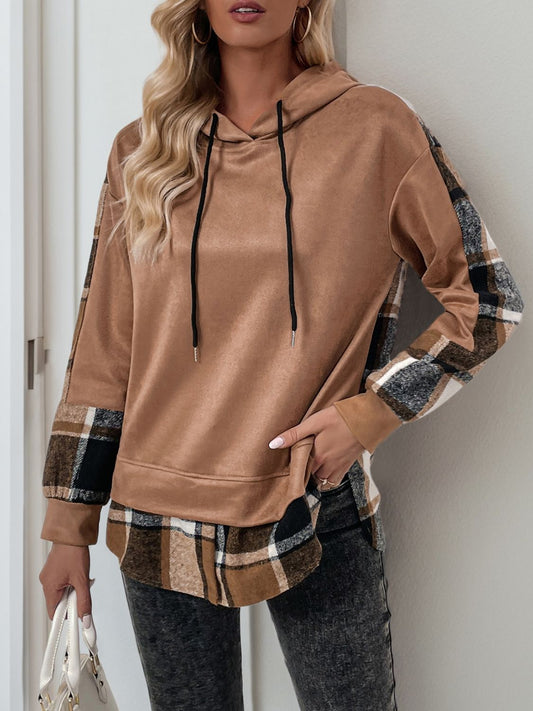 Blueberi B Women’s Perfee Drawstring Slit Plaid Long Sleeve Hoodie Polyester Elastane Size S-XL