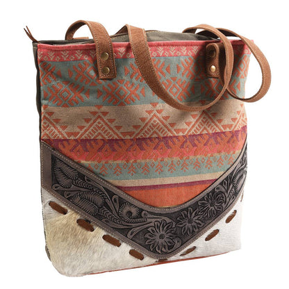 American Darling Upcycled Canvas & Hand-Tooled Leather Western Tote Bag